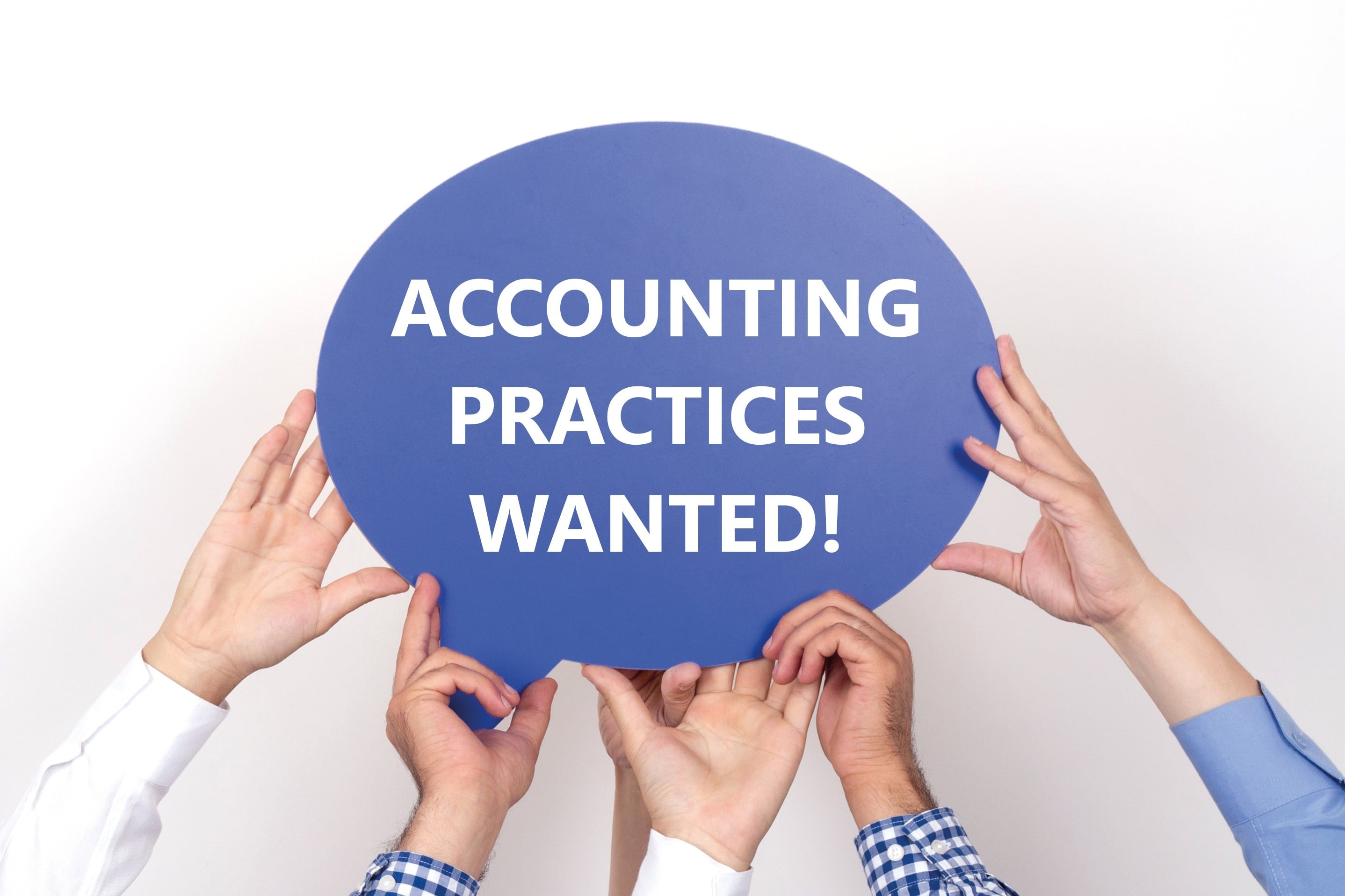 Hands holding sign: Accounting practices wanted
