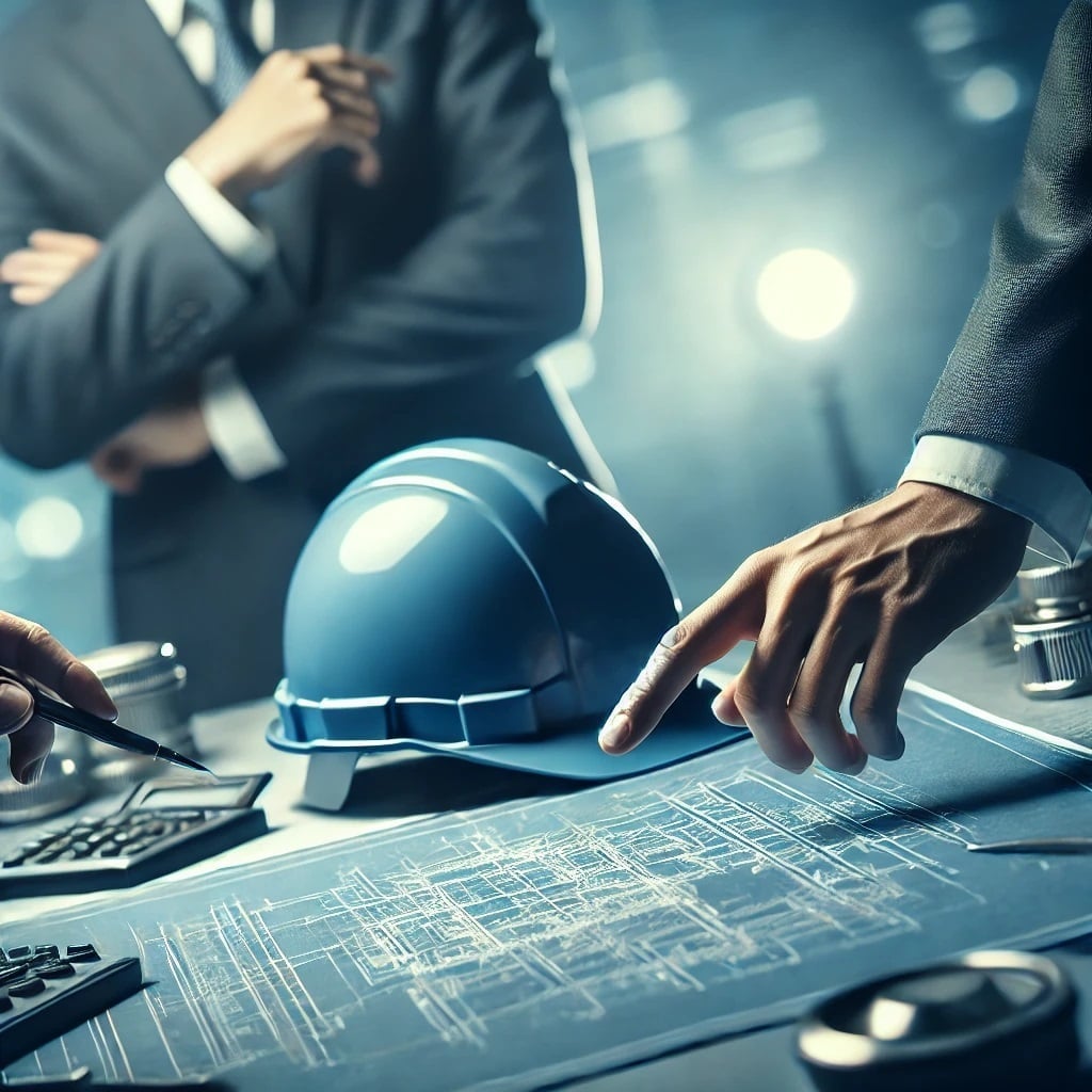 Engineers reviewing blueprints with hard hat on desk