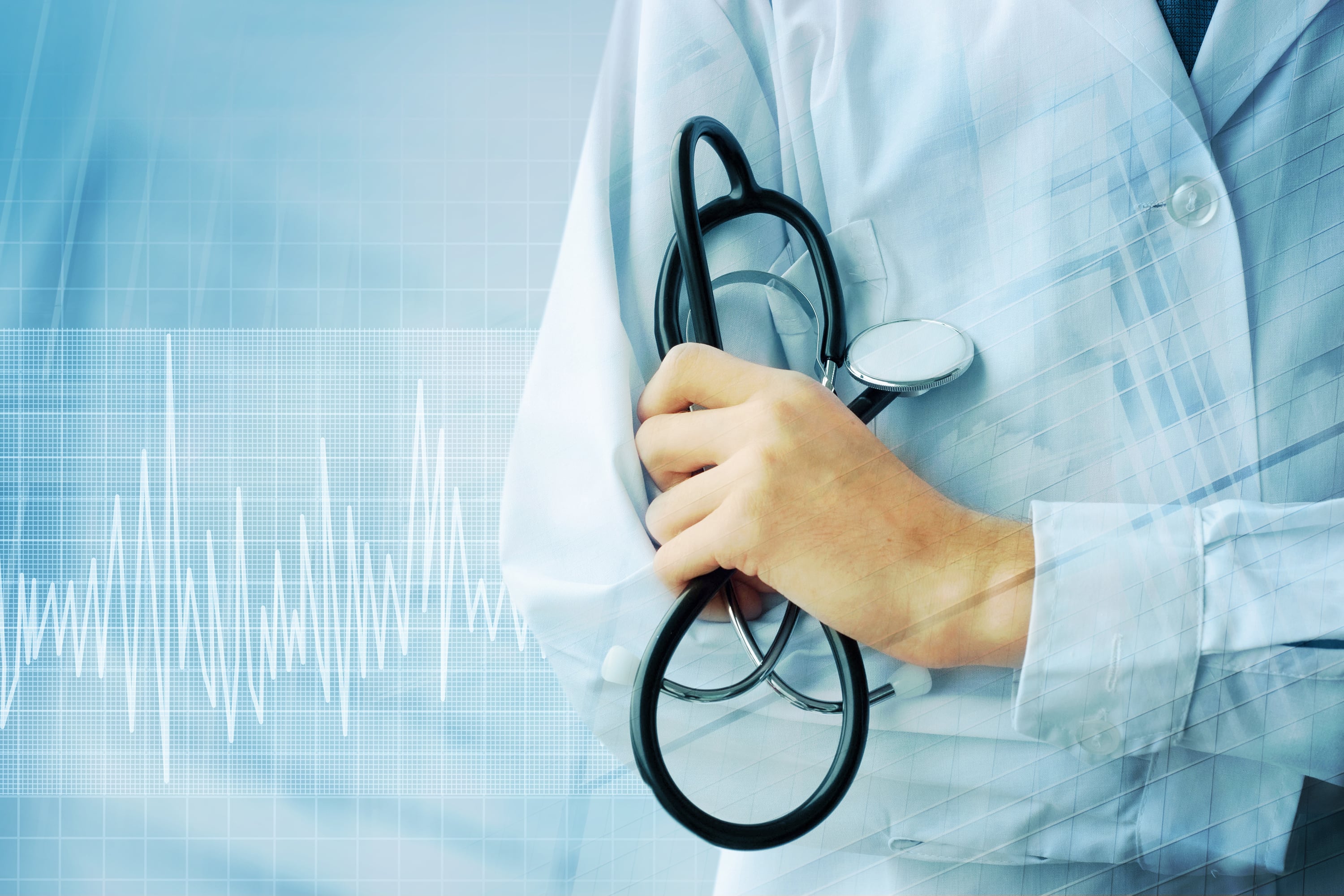 Doctor holding stethoscope with ECG graph overlay