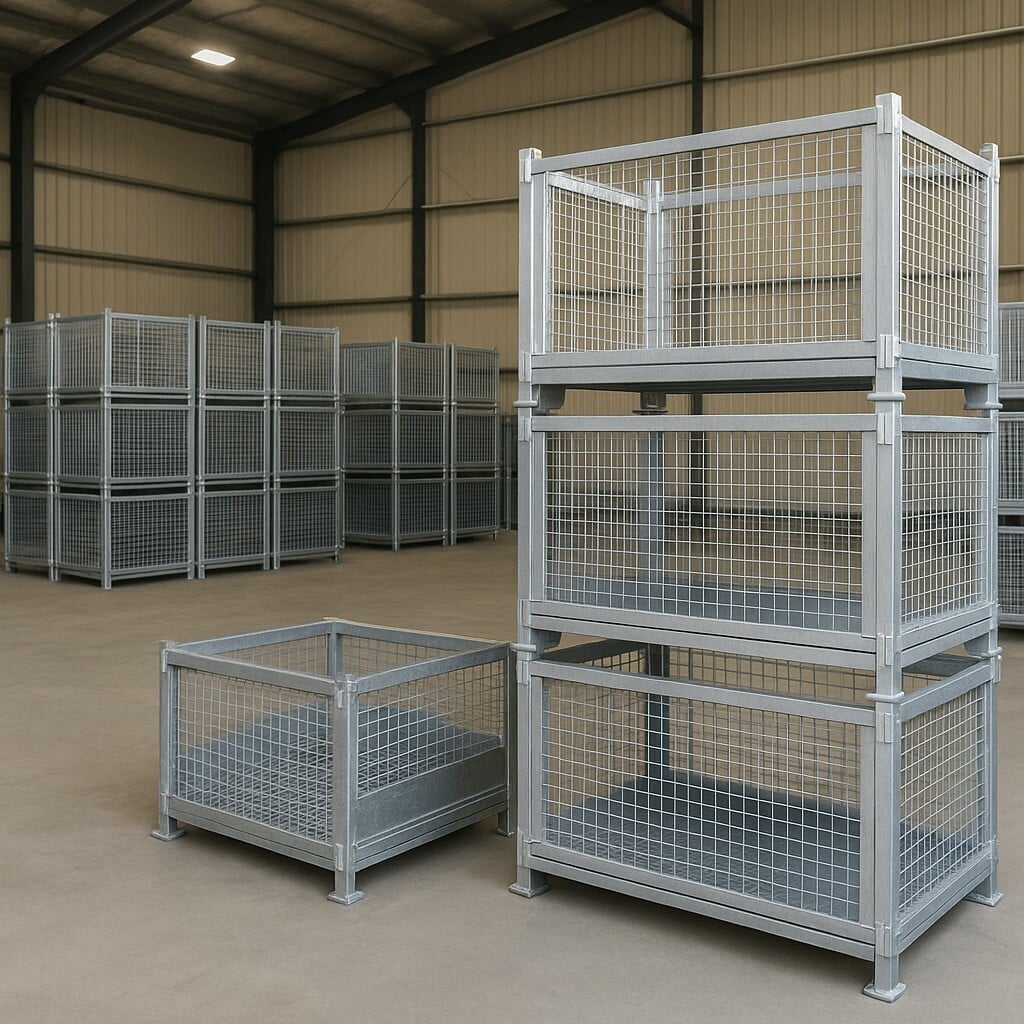 Stacked metal mesh storage cages in warehouse
