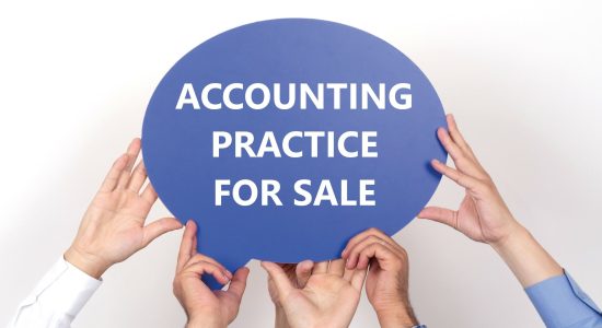 Hands holding sign: Accounting practice for sale