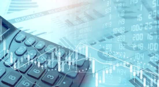 Calculator with financial reports and stock market charts